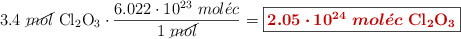3.4\ \cancel{mol}\ \ce{Cl2O3}\cdot \frac{6.022\cdot 10^{23}\ mol\acute{e}c}{1\ \cancel{mol}} = \fbox{\color[RGB]{192,0,0}{\bm{2.05\cdot 10^{24}\ mol\acute{e}c}\ \textbf{\ce{Cl2O3}}}}