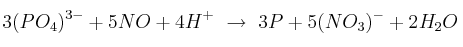 3(PO_4)^{3-} + 5NO + 4H^+\ \to\ 3P + 5(NO_3)^- +2H_2O