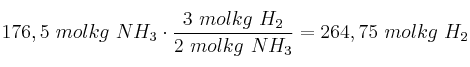 176,5\ molkg\ NH_3\cdot \frac{3\ molkg\ H_2}{2\ molkg\ NH_3} = 264,75\ molkg\ H_2