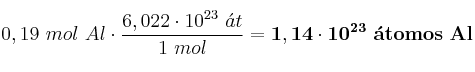 0,19\ mol\ Al\cdot \frac{6,022\cdot 10^{23}\ \acute{a}t}{1\ mol} = \bf 1,14\cdot 10^{23}\ \acute{a}tomos\ Al