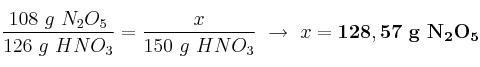 \frac{108\ g\ N_2O_5}{126\ g\ HNO_3} = \frac{x}{150\ g\ HNO_3} \ \to\ x = \bf 128,57\ g\ N_2O_5