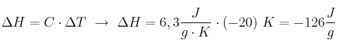 \Delta H = C\cdot \Delta T\ \to\ \Delta H = 6,3\frac{J}{g\cdot K}\cdot (-20)\ K = - 126\frac{J}{g}