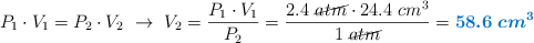 P_1\cdot V_1 = P_2\cdot V_2\ \to\ V_2 = \frac{P_1\cdot V_1}{P_2} = \frac{2.4\ \cancel{atm}\cdot 24.4\ cm^3}{1\ \cancel{atm}} = \color[RGB]{0,112,192}{\bm{58.6\ cm^3}}