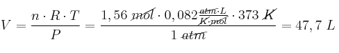 V = \frac{n\cdot R\cdot T}{P} = \frac{1,56\ \cancel{mol}\cdot 0,082\frac{\cancel{atm}\cdot L}{\cancel{K}\cdot \cancel{mol}}\cdot 373\ \cancel{K}}{1\ \cancel{atm}} = 47,7\ L