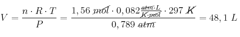 V = \frac{n\cdot R\cdot T}{P} = \frac{1,56\ \cancel{mol}\cdot 0,082\frac{\cancel{atm}\cdot L}{\cancel{K}\cdot \cancel{mol}}\cdot 297\ \cancel{K}}{0,789\ \cancel{atm}} = 48,1\ L