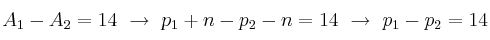 A_1 - A_2 = 14\ \to\ p_1 + n - p_2 - n = 14\ \to\ p_1 - p_2 = 14