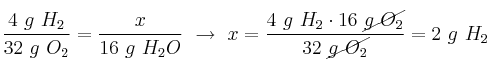 \frac{4\ g\ H_2}{32\ g\ O_2} = \frac{x}{16\ g\ H_2O}\ \to\ x = \frac{4\ g\ H_2\cdot 16\ \cancel{g\ O_2}}{32\ \cancel{g\ O_2}} = 2\ g\ H_2