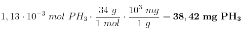 1,13\cdot 10^{-3}\ mol\ PH_3\cdot \frac{34\ g}{1\ mol}\cdot \frac{10^3\ mg}{1\ g} = \bf 38,42\ mg\ PH_3