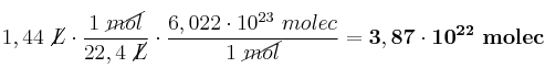 1,44\ \cancel{L}\cdot \frac{1\ \cancel{mol}}{22,4\ \cancel{L}}\cdot \frac{6,022\cdot 10^{23}\ molec}{1\ \cancel{mol}} = \bf 3,87\cdot 10^{22}\ molec