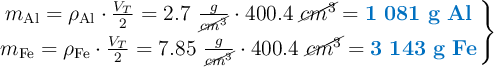 \left m_{\ce{Al}} = \rho_{\ce{Al}}\cdot \frac{V_T}{2} = 2.7\ \frac{g}{\cancel{cm^3}}\cdot 400.4\ \cancel{cm^3} = {\color[RGB]{0,112,192}{\bf 1\ 081\ g\ Al}} \atop m_{\ce{Fe}} = \rho_{\ce{Fe}}\cdot \frac{V_T}{2} = 7.85\ \frac{g}{\cancel{cm^3}}\cdot 400.4\ \cancel{cm^3} = {\color[RGB]{0,112,192}{\bf 3\ 143\ g\ Fe}} \right \}