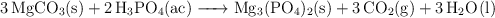 \ce{3MgCO3(s) + 2H3PO4(ac) -> Mg3(PO4)2(s) + 3CO2(g) + 3H2O(l)}