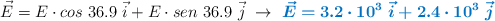 \vec E = E\cdot cos\ 36.9\ \vec i + E\cdot sen\ 36.9\ \vec j\ \to\ \color[RGB]{0,112,192}{\bm{\vec{E} = 3.2\cdot 10^3\ \vec i + 2.4\cdot 10^3\ \vec j}}