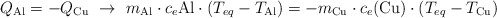Q_{\ce{Al}} = -Q_{\ce{Cu}}\ \to\ m_{\ce{Al}}\cdot c_e{\ce{Al}}\cdot (T_{eq} - T_{\ce{Al}}) = -m_{\ce{Cu}}\cdot c_e(\ce{Cu})\cdot (T_{eq} - T_{\ce{Cu}})