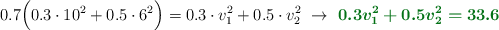 0.7\Big(0.3\cdot 10^2 + 0.5\cdot 6^2\Big) = 0.3\cdot v_1^2 + 0.5\cdot v_2^2\ \to\ \color[RGB]{2,112,20}{\bm{0.3v_1^2 + 0.5v_2^2 = 33.6}}