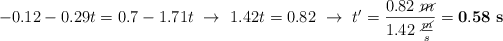 -0.12 - 0.29t = 0.7 - 1.71t\ \to\ 1.42t = 0.82\ \to\ t^{\prime} = \frac{0.82\ \cancel{m}}{1.42\ \frac{\cancel{m}}{s}} = \bf 0.58\ s