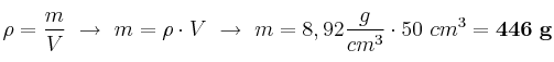 \rho = \frac{m}{V}\ \to\ m = \rho \cdot V\ \to\ m = 8,92\frac{g}{cm^3}\cdot 50\ cm^3 = \bf 446\ g