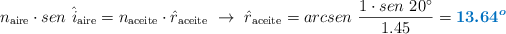 n_{\text{aire}}\cdot sen\ \hat i_{\text{aire}} = n_{\text{aceite}}\cdot \hat r_{\text{aceite}}\ \to\ \hat r_{\text{aceite}} = arcsen\ \frac{1\cdot sen\ 20^\circ}{1.45} = \color[RGB]{0,112,192}{\bm{13.64^o}}