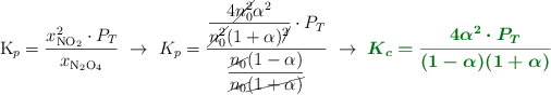 \ce{K_p} = \frac{x_{\ce{NO2}}^2\cdot P_T}{x_{\ce{N2O4}}}\ \to\ K_p = \frac{\dfrac{4\cancel{n_0^2}\alpha^2}{\cancel{n_0^2}(1+\alpha)\cancel{^2}}\cdot P_T}{\dfrac{\cancel{n_0}(1-\alpha)}{\cancel{n_0}\cancel{(1+\alpha)}}}\ \to\ \color[RGB]{2,112,20}{\bm{K_c = \frac{4\alpha^2\cdot P_T}{(1-\alpha)(1+\alpha)}}}