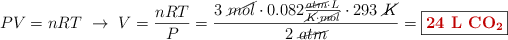PV = nRT\ \to\ V = \frac{nRT}{P} = \frac{3\ \cancel{mol}\cdot 0.082\frac{\cancel{atm}\cdot L}{\cancel{K}\cdot \cancel{mol}}\cdot 293\ \cancel{K}}{2\ \cancel{atm}} = \fbox{\color[RGB]{192,0,0}{\bf 24\ L\ \ce{CO2}}}