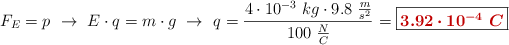 F_E = p\ \to\ E\cdot q = m\cdot g\ \to\ q = \frac{4\cdot 10^{-3}\ kg\cdot 9.8\ \frac{m}{s^2}}{100\ \frac{N}{C}} = \fbox{\color[RGB]{192,0,0}{\bm{3.92\cdot 10^{-4}\ C}}}