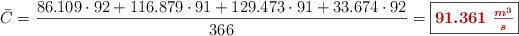 \bar C = \frac{86.109\cdot 92 + 116.879\cdot 91 + 129.473\cdot 91 + 33.674\cdot 92}{366} = \fbox{\color[RGB]{192,0,0}{\bm{91.361\ \frac{m^3}{s}}}}