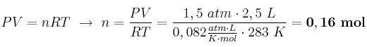 PV=nRT\ \to\ n = \frac{PV}{RT} = \frac{1,5\ atm\cdot 2,5\
 L}{0,082\frac{atm\cdot L}{K\cdot mol}\cdot 283\ K} = \bf 0,16\ mol