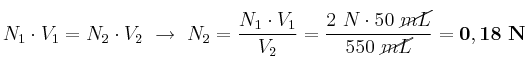 N_1\cdot V_1 = N_2\cdot V_2\ \to\ N_2 = \frac{N_1\cdot V_1}{V_2} = \frac{2\ N\cdot 50\ \cancel{mL}}{550\ \cancel{mL}} = \bf 0,18\ N