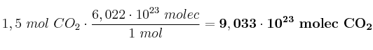 1,5\ mol\ CO_2\cdot \frac{6,022\cdot 10^{23}\ molec}{1\ mol} = \bf 9,033\cdot 10^{23}\ molec\ CO_2