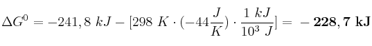 \Delta G^0 = -241,8\ kJ - [298\ K\cdot (-44\frac{J}{K})\cdot \frac{1\ kJ}{10^3\ J}] = \bf -228,7\ kJ