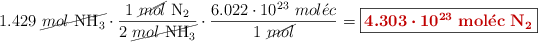 1.429\ \cancel{mol\ \ce{NH3}}\cdot \frac{1\ \cancel{mol}\ \ce{N2}}{2\ \cancel{mol\ \ce{NH3}}}\cdot \frac{6.022\cdot 10^{23}\ mol\acute{e}c}{1\ \cancel{mol}} = \fbox{\color[RGB]{192,0,0}{\bm{4.303\cdot 10^{23}}\ \bf mol\acute{e}c\ \textbf{\ce{N2}}}}