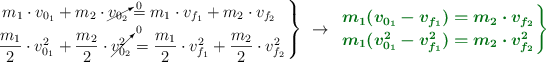 \left m_1\cdot v_{0_1} + m_2\cdot \cancelto{0}{v_{0_2}} = m_1\cdot v_{f_1} + m_2\cdot v_{f_2}\ \atop \dfrac{m_1}{2}\cdot v_{0_1}^2 + \dfrac{m_2}{2}\cdot \cancelto{0}{v_{0_2}^2} = \dfrac{m_1}{2}\cdot v_{f_1}^2 + \dfrac{m_2}{2}\cdot v_{f_2}^2 \right \}\ \to\ \left \color[RGB]{2,112,20}{\bm{m_1(v_{0_1} - v_{f_1}) = m_2\cdot v_{f_2} \atop m_1(v_{0_1}^2 - v_{f_1}^2) = m_2\cdot v_{f_2}^2}} \right \}