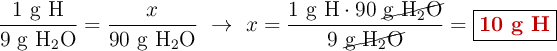 \frac{1\ \ce{g\ H}}{9\ \ce{g\ H2O}} = \frac{x}{90\ \ce{g\ H2O}}\ \to\ x = \frac{1\ \ce{g\ H}\cdot 90\ \cancel{\ce{g\ H2O}}}{9\ \cancel{\ce{g\ H2O}}} = \fbox{\color[RGB]{192,0,0}{\textbf{10 g H}}}