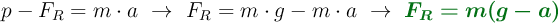 p - F_R = m\cdot a\ \to\ F_R = m\cdot g - m\cdot a\ \to\ \color[RGB]{2,112,20}{\bm{F_R = m(g - a)}}