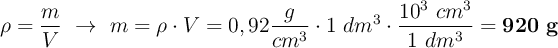 \rho = \frac{m}{V}\ \to\ m = \rho\cdot V = 0,92\frac{g}{cm^3}\cdot 1\ dm^3\cdot \frac{10^3\ cm^3}{1\ dm^3} = \bf 920\ g