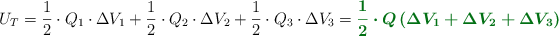 U_T = \frac{1}{2}\cdot Q_1\cdot \Delta V_1 + \frac{1}{2}\cdot Q_2\cdot \Delta V_2 + \frac{1}{2}\cdot Q_3\cdot \Delta V_3 = \color[RGB]{2,112,20}{\bm{\frac{1}{2}\cdot Q\left(\Delta V_1 + \Delta V_2 + \Delta V_3\right)}}