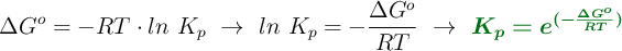 \Delta G^o = -RT\cdot ln\ K_p\ \to\ ln\ K_p = -\frac{\Delta G^o}{RT}\ \to\ \color[RGB]{2,112,20}{\bm{K_p = e^{(-\frac{\Delta G^o}{RT})}}}