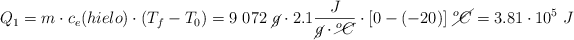 Q_1 = m\cdot c_e(hielo)\cdot (T_f - T_0) = 9\ 072\ \cancel{g}\cdot 2.1\frac{J}{\cancel{g}\cdot \cancel{^oC}}\cdot [0 - (-20)]\ \cancel{^oC} = 3.81\cdot 10^5\ J