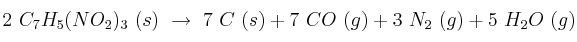 2\ C_7H_5(NO_2)_3\ (s)\ \to\ 7\ C\ (s) + 7\ CO\ (g) + 3\ N_2\ (g) + 5\ H_2O\ (g)