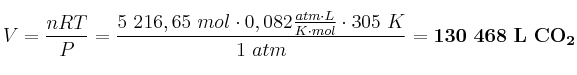 V = \frac{nRT}{P} = \frac{5\ 216,65\ mol\cdot 0,082\frac{atm\cdot L}{K\cdot mol}\cdot 305\ K}{1\ atm} = \bf 130\ 468\ L\ CO_2