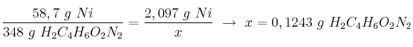 \frac{58,7\ g\ Ni}{348\ g\ H_2C_4H_6O_2N_2} = \frac{2,097\ g\ Ni}{x}\ \to\ x = 0,1243\ g\ H_2C_4H_6O_2N_2