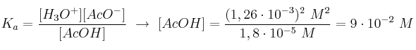 K_a = \frac{[H_3O^+][AcO^-]}{[AcOH]}\ \to\ [AcOH] = \frac{(1,26\cdot 10^{-3})^2\ M^2}{1,8\cdot 10^{-5}\ M} = 9\cdot 10^{-2}\ M