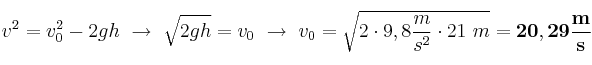 v^2 = v_0^2 - 2gh\ \to\ \sqrt{2gh} = v_0\ \to\ v_0 = \sqrt{2\cdot 9,8\frac{m}{s^2}\cdot 21\ m} = \bf 20,29\frac{m}{s}