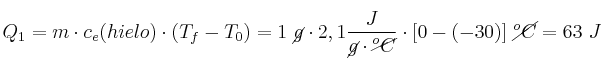 Q_1 = m\cdot c_e(hielo)\cdot (T_f - T_0) = 1\ \cancel{g}\cdot 2,1\frac{J}{\cancel{g}\cdot \cancel{^oC}}\cdot [0 - (-30)]\ \cancel{^oC} = 63\ J