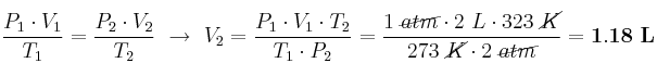 \frac{P_1\cdot V_1}{T_1} = \frac{P_2\cdot V_2}{T_2}\ \to\ V_2 = \frac{P_1\cdot V_1\cdot T_2}{T_1\cdot P_2} = \frac{1\ \cancel{atm}\cdot 2\ L\cdot 323\ \cancel{K}}{273\ \cancel{K}\cdot 2\ \cancel{atm}} = \bf 1.18\ L