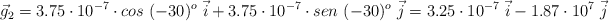 \vec g_2 = 3.75\cdot 10^{-7}\cdot cos\ (-30)^o\ \vec i + 3.75\cdot 10^{-7}\cdot sen\ (-30)^o\ \vec j = 3.25\cdot 10^{-7}\ \vec i - 1.87\cdot 10^{7}\ \vec j