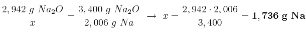 \frac {2,942\ g\ Na_2O}{x} = \frac {3,400\ g\ Na_2O}{2,006\ g\ Na}\ \to\ x = \frac{2,942\cdot 2,006}{3,400} = \bf 1,736\ g\ Na
