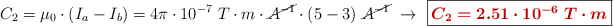 C_2 = \mu_0\cdot (I_a - I_b) = 4\pi\cdot 10^{-7}\ T\cdot m\cdot \cancel{A^{-1}}\cdot (5 - 3)\ \cancel{A^{-1}}\ \to\ \fbox{\color[RGB]{192,0,0}{\bm{C_2 = 2.51\cdot 10^{-6}\ T\cdot m}}}