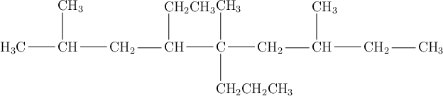\chemfig{H_3C-CH(-[2]CH_3)-CH_2-CH(-[2]CH_2CH_3)-C(-[2]CH_3)(-[6]CH_2CH_2CH_3)-CH_2-CH(-[2]CH_3)-CH_2-CH_3}