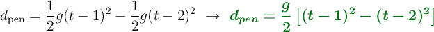 d_{\text{pen}} = \frac{1}{2}g(t - 1)^2 - \frac{1}{2}g(t - 2)^2\ \to\ \color[RGB]{2,112,20}{\bm{d_{pen} = \frac{g}{2} \left[ (t-1)^2 - (t-2)^2 \right]}}