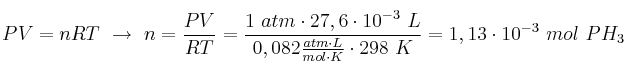 PV = nRT\ \to\ n = \frac{PV}{RT} = \frac{1\ atm\cdot 27,6\cdot 10^{-3}\ L}{0,082\frac{atm\cdot L}{mol\cdot K}\cdot 298\ K} = 1,13\cdot 10^{-3}\ mol\ PH_3